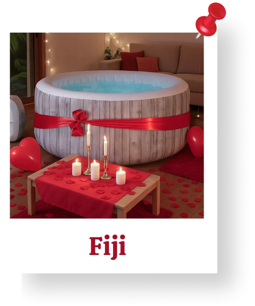 Photo d'un spa modèle Fiji de la marque Bestway à domicile dans un salon décoré dans une ambiance romantique rouge.