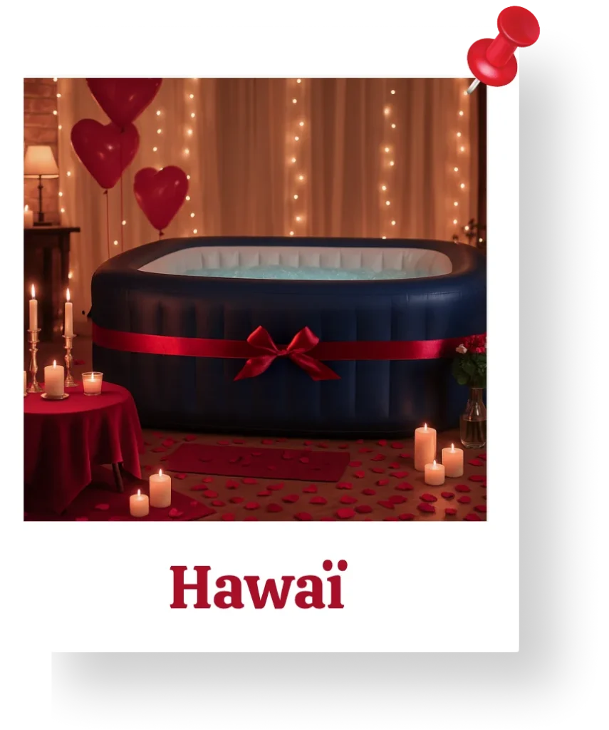 Photo d'un spa modèle Hawaï de la marque Bestway à domicile, dans un salon décoré dans une ambiance romantique rouge.