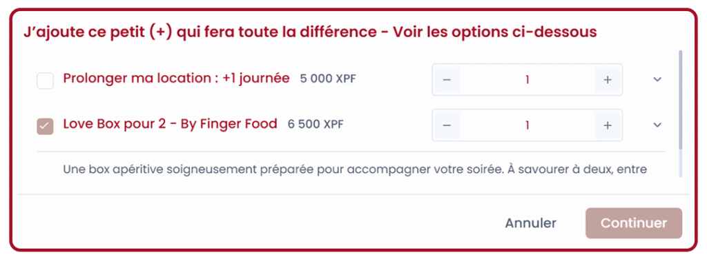 Capture d'écran du choix pour ajouter une option dans le formulaire de réservation.